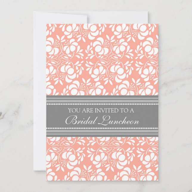 Coral Gray Damask Bridal Lunch Invitation Cards (Front)