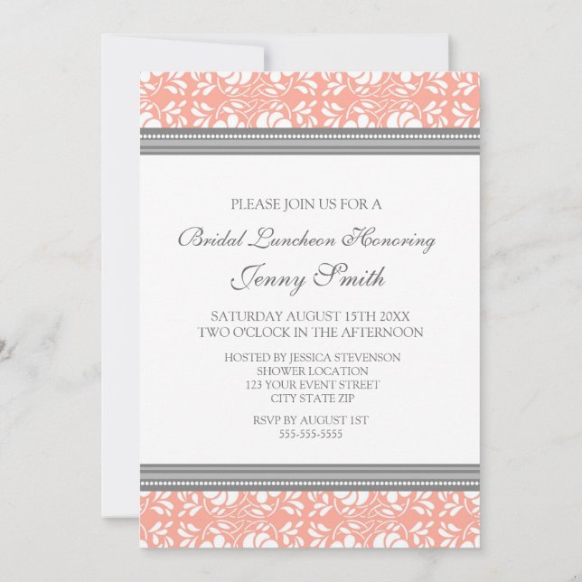 Coral Gray Damask Bridal Lunch Invitation Cards (Back)