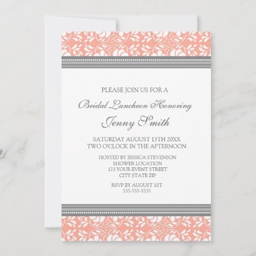 Coral Gray Damask Bridal Lunch Invitation Cards