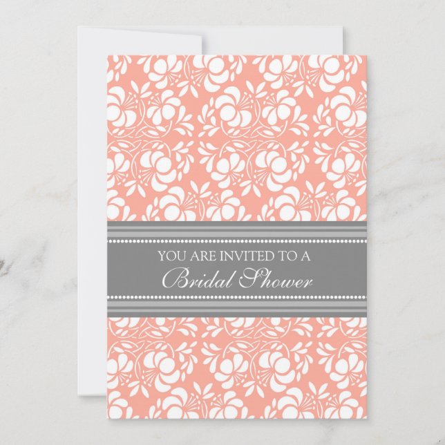 Coral Gray Damask Bridal Shower Invitation Cards (Front)