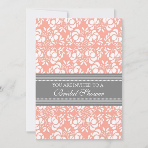 Coral Gray Damask Bridal Shower Invitation Cards