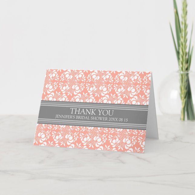 Coral Gray Damask Bridal Shower Thank You Card (Front)