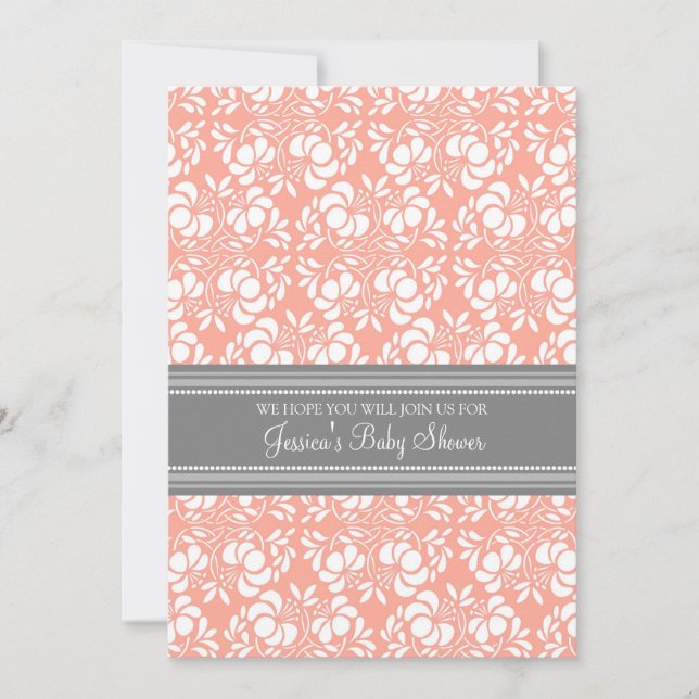 Coral Gray Damask Custom Baby Shower Invitations (Front)