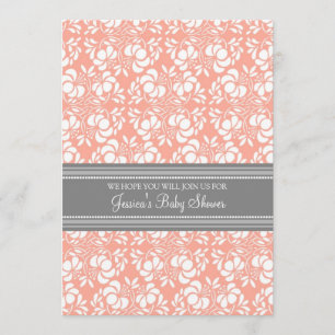 Coral Gray Damask Custom Baby Shower Invitations