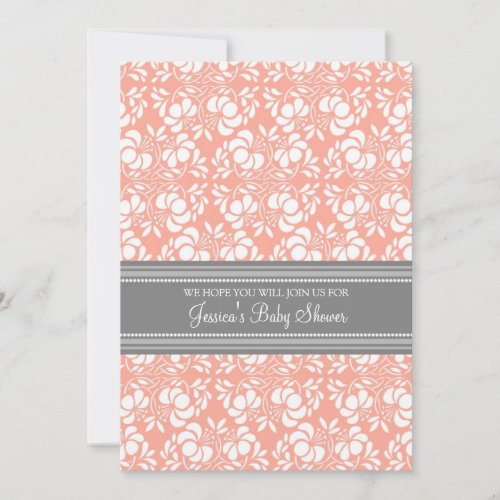 Coral Gray Damask Custom Baby Shower Invitations