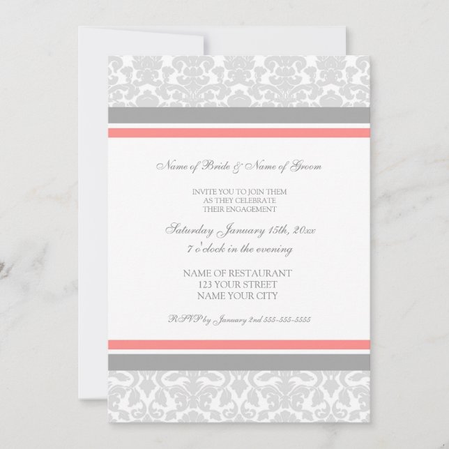 Coral Gray Damask Engagement Party Invitations (Front)