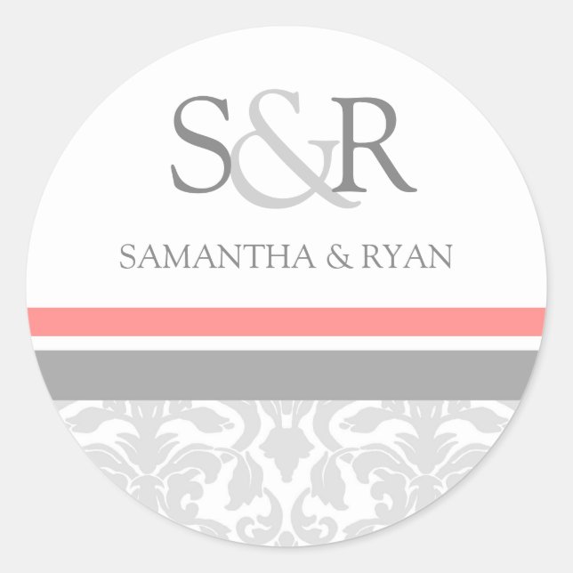 Coral Gray Damask Monogram Envelope Seal (Front)