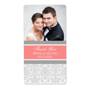 Coral Gray Damask Photo Wedding Labels