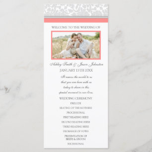 Coral Gray Damask Photo Wedding Program
