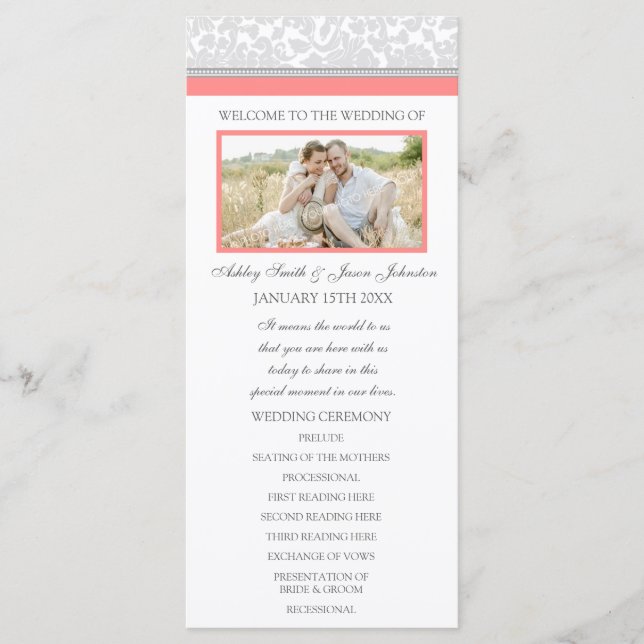 Coral Gray Damask Photo Wedding Program (Front)