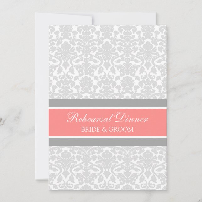 Coral Gray Damask Rehearsal Dinner Party Invitation (Front)