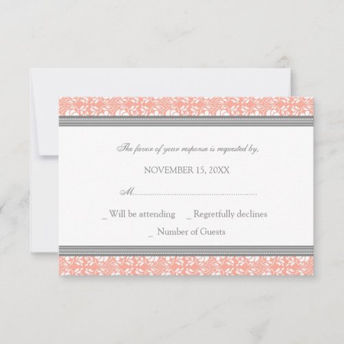 Coral Gray Damask RSVP Wedding Card