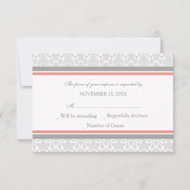 Coral Gray Damask RSVP Wedding Card (Front)