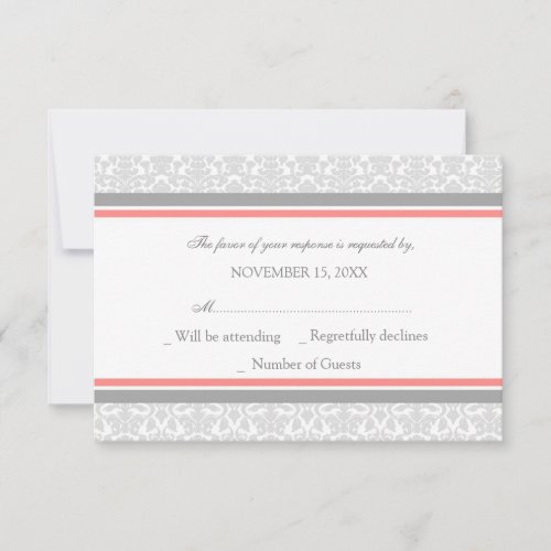 Coral Gray Damask RSVP Wedding Card