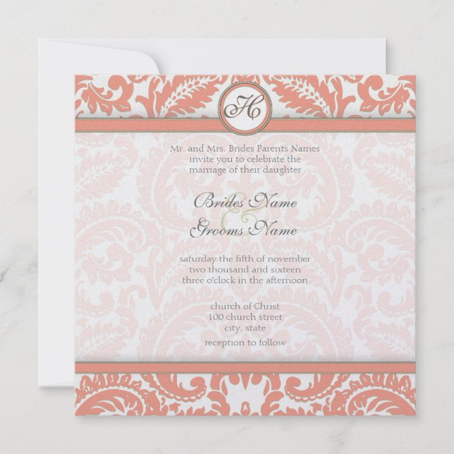 Coral & Gray Damask  Wedding Invitations (Front)