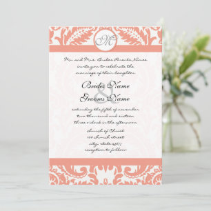 Coral & Gray Damask  Wedding Invitations