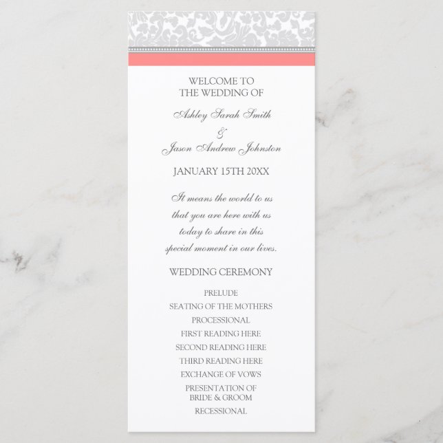 Coral Gray Damask Wedding Program (Front)