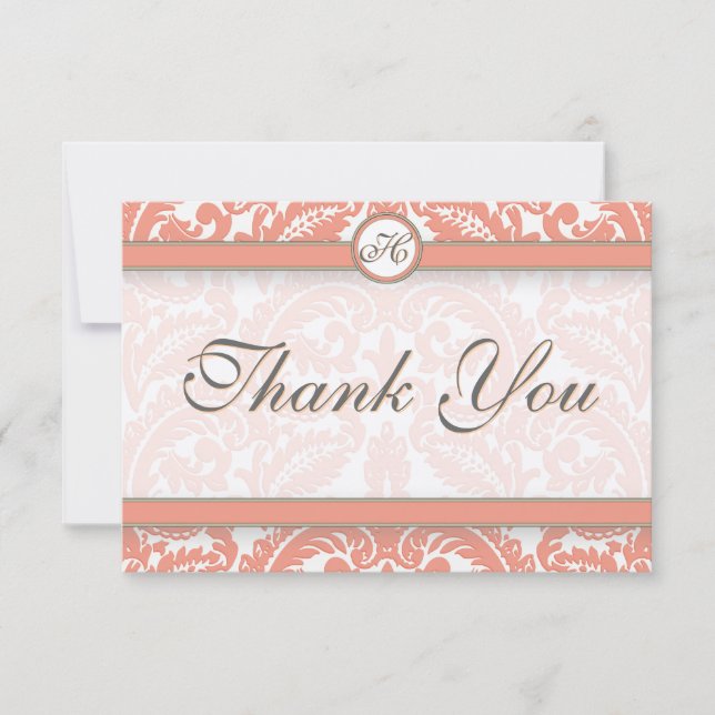 Coral & Gray Damask  Wedding Thank You Card (Front)