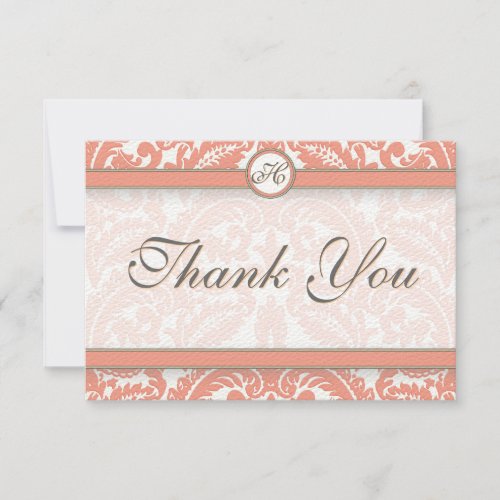 Coral  Gray Damask  Wedding Thank You Card