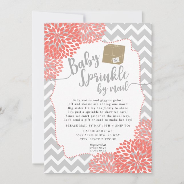 Coral Gray Floral Baby Sprinkle by mail Invitation (Front)