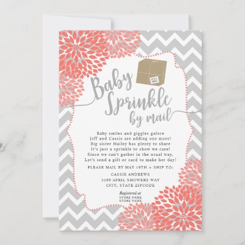 Coral Gray Floral Baby Sprinkle by mail Invitation