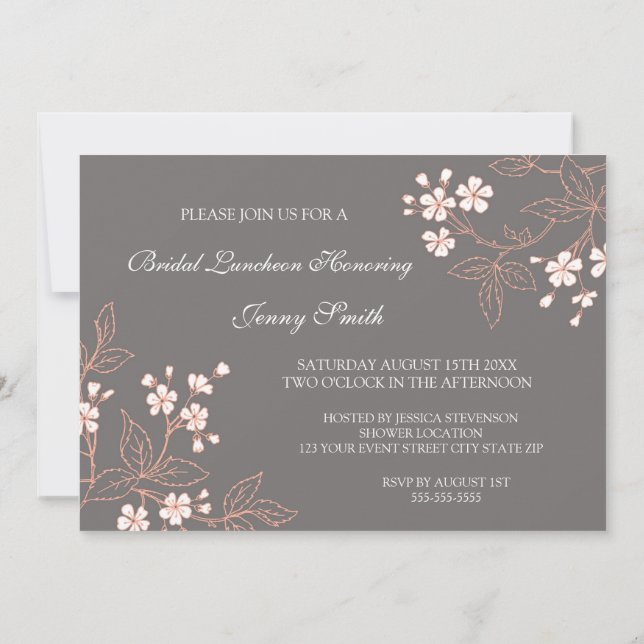 Coral Gray Floral Bridal Lunch Invitation Cards (Back)