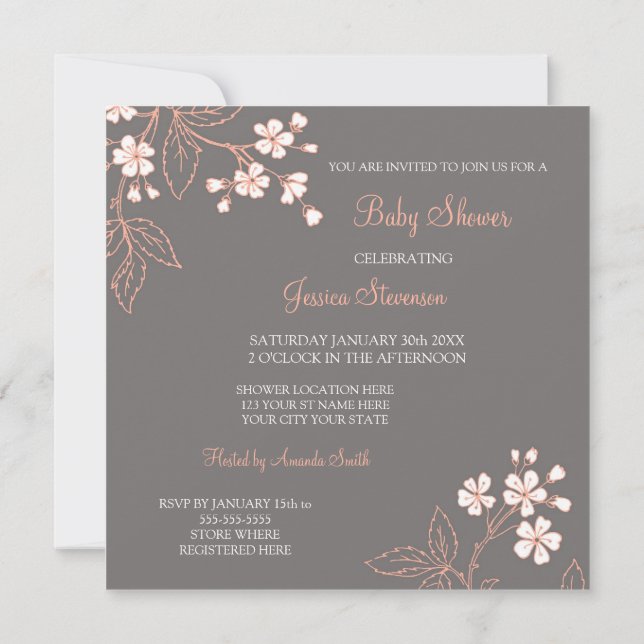 Coral Gray Floral Custom Baby Shower Invitations (Back)
