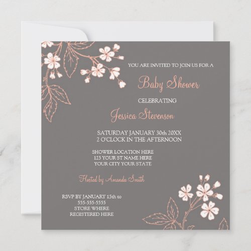 Coral Gray Floral Custom Baby Shower Invitations
