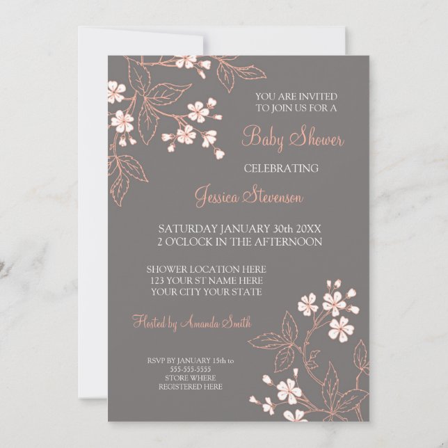 Coral Gray Floral Custom Baby Shower Invitations (Back)
