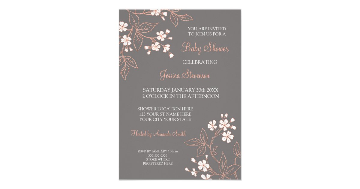 Coral Gray Floral Custom Baby Shower Invitations Zazzle Com
