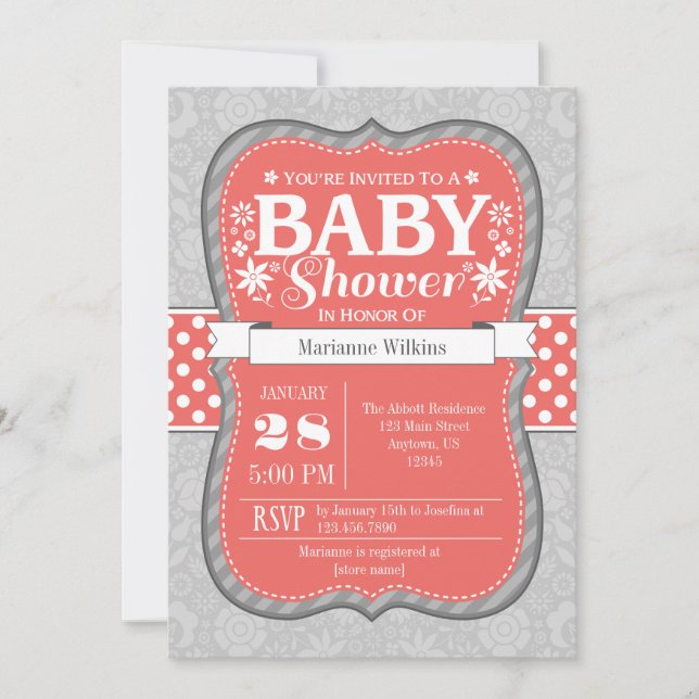 Coral Gray Floral Flower Baby Shower Invitation (Front)