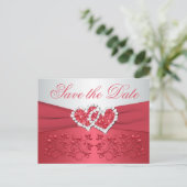 Coral, Gray Floral Hearts Save the Date Postcard (Standing Front)