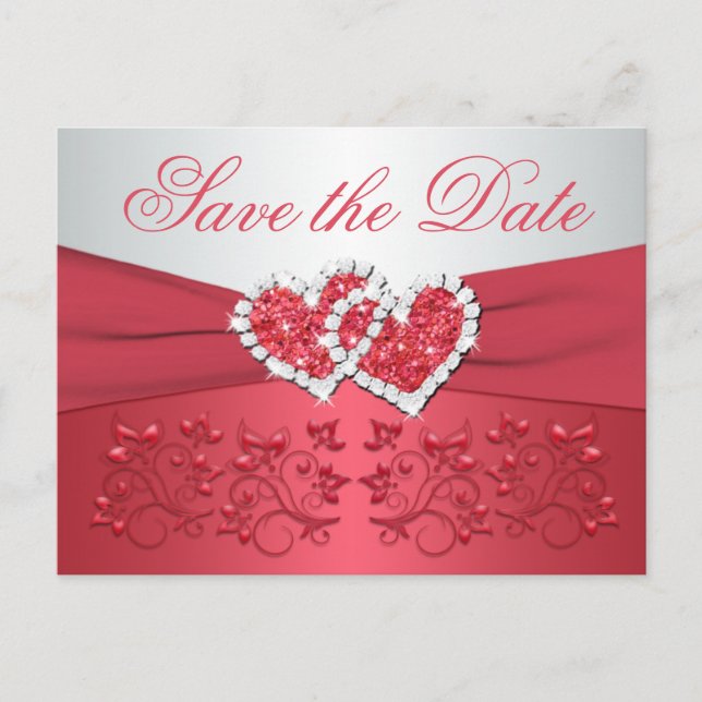Coral, Gray Floral Hearts Save the Date Postcard (Front)