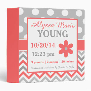 Coral Gray Floral Personalized Baby Album 3 Ring Binder