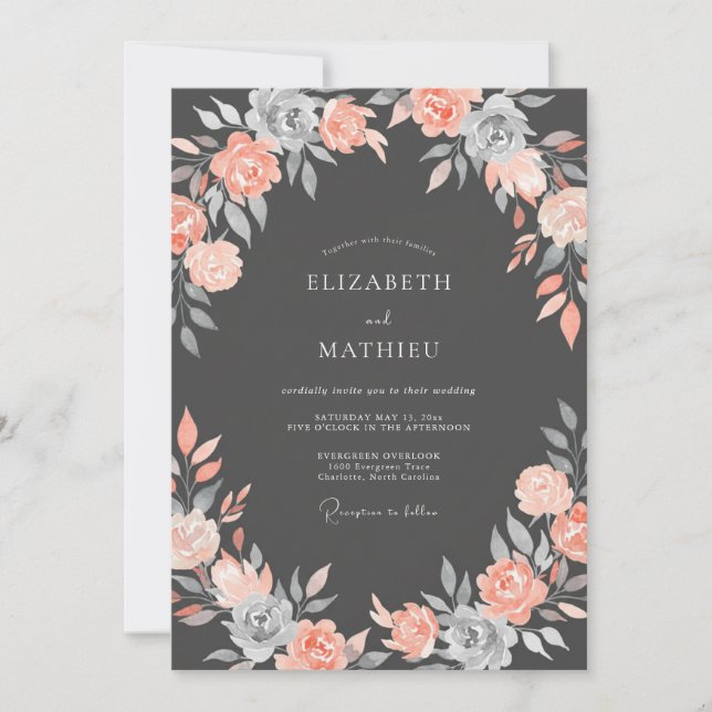 Coral Gray Floral Romance Wedding Invitation (Front)