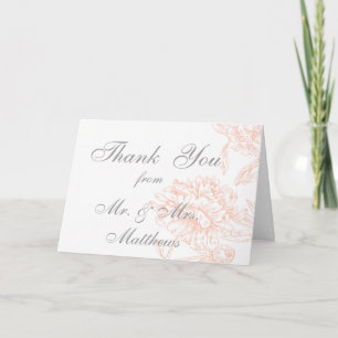 Coral Gray Floral Vintage Wedding Photo Thank You Card