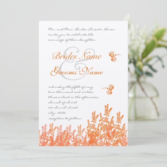 Coral & Gray Flower Butterfly Wedding Invitations (Standing Front)