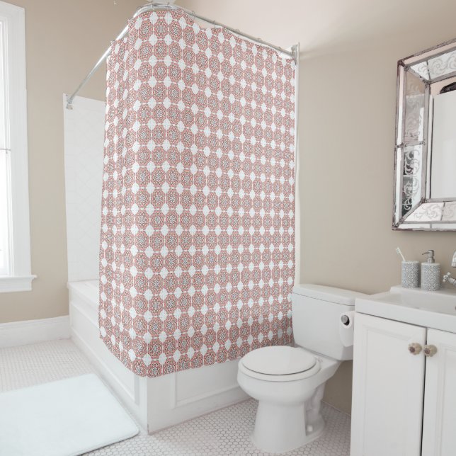 Coral & Gray Geometric Shower Curtain (In Situ)