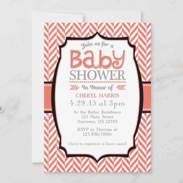 Coral Gray Herringbone Baby Shower Invitations (Front)
