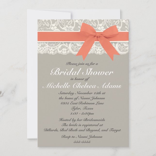 Coral Gray Lace Bridal Shower Invitation (Front)