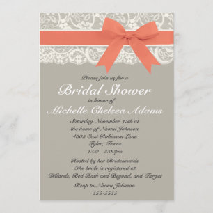 Coral Gray Lace Bridal Shower Invitation