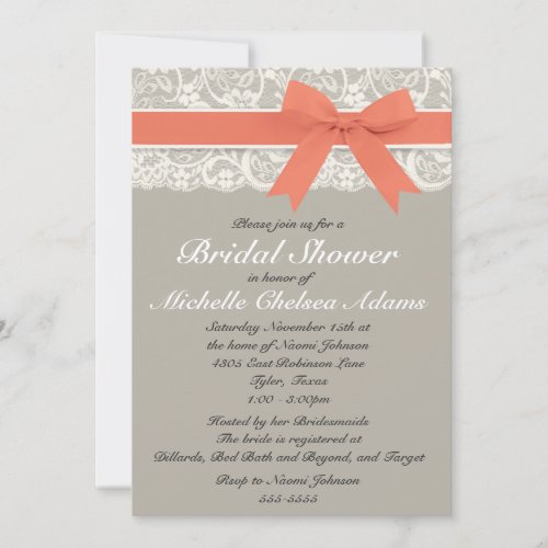 Coral Gray Lace Bridal Shower Invitation