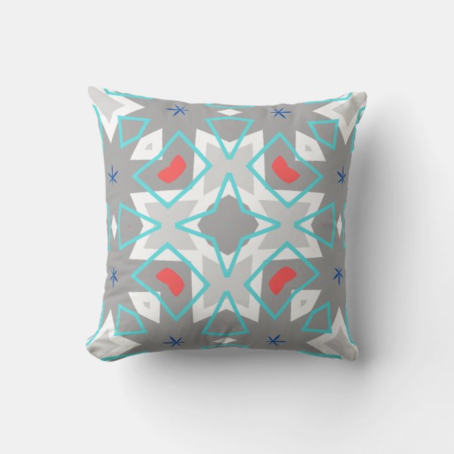 Coral Gray Mandala Pattern | Geometric Floral Boho Throw Pillow (Front)