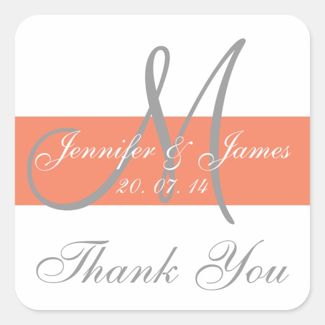 Coral Gray Monogram Wedding Thank You Stickers (Front)