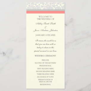 Coral Gray Off White Damask Wedding Program