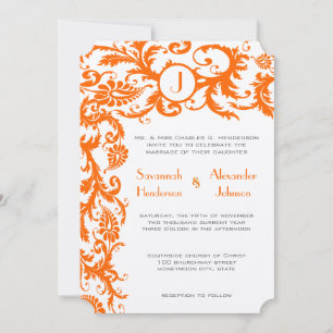 Coral & Gray Orange Damask Wedding Invitation