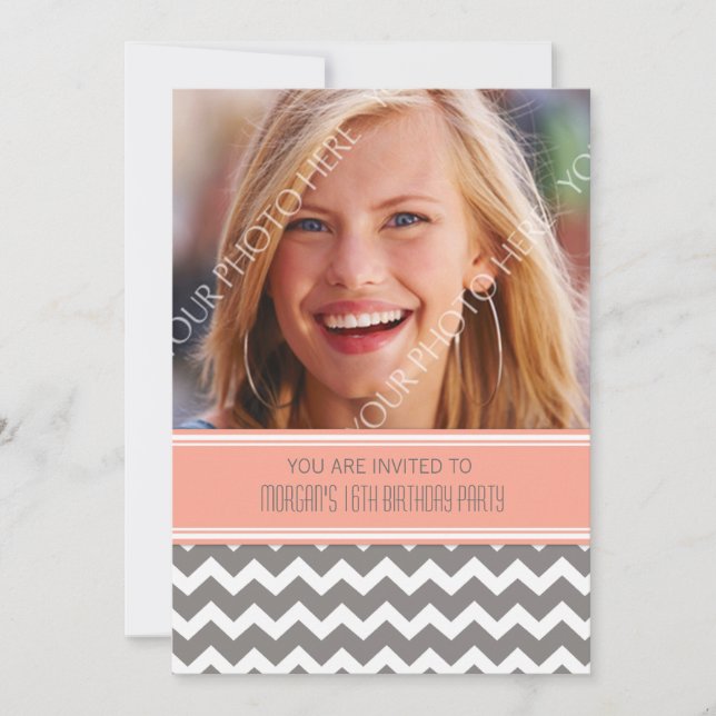Coral Gray Photo 16th Birthday Party Invitations (Front)