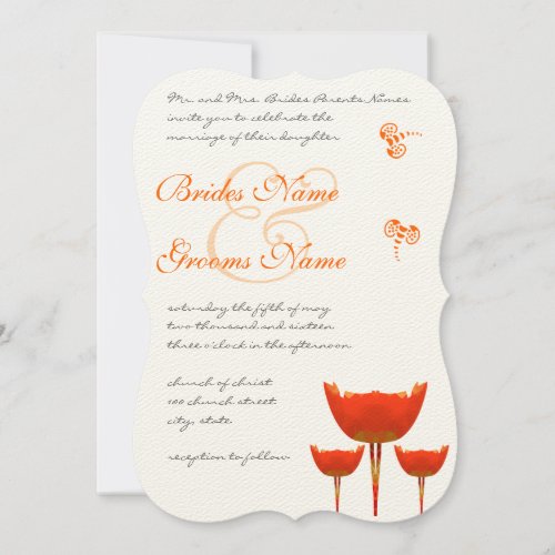 Coral  Gray Poppies Butterfly Wedding Invitation