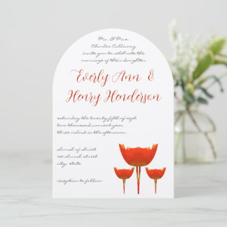 Coral & Gray Poppies Butterfly Wedding Invitation