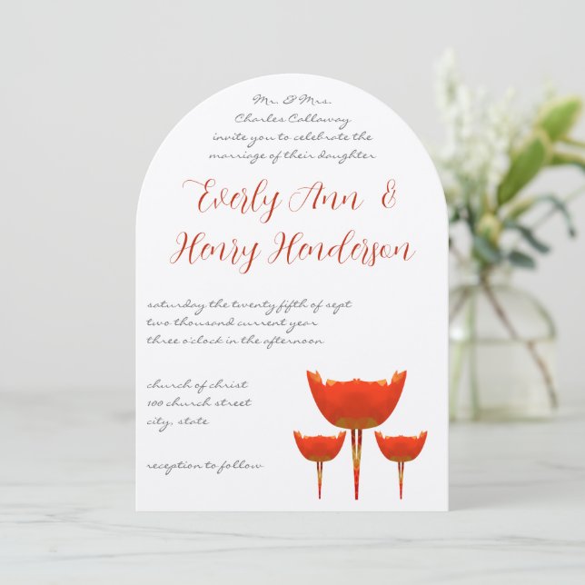 Coral & Gray Poppies Butterfly Wedding Invitation (Standing Front)